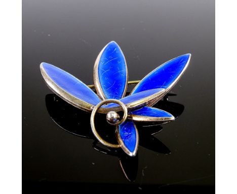ALBERT SCHARNING - a Vintage Norwegian stylised vermeil sterling silver and blue enamel brooch, maker's marks A.SCh, brooch l
