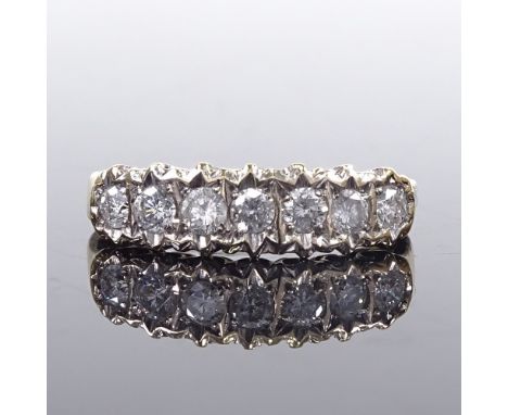 A 9ct gold 7-stone diamond half hoop ring, total diamond content approx 0.5ct, setting height 5.4mm, size I, 2.4gVery good or