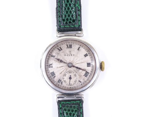 ROLEX - a 1920s sterling silver cased mechanical Trench wristwatch, silvered sunburst dial with black Roman numeral hour mark
