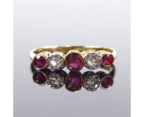 A late 19th century 18ct gold graduated 5-stone ruby and diamond half hoop ring, setting height 4.1mm, size L/M, 1.7gGood ove