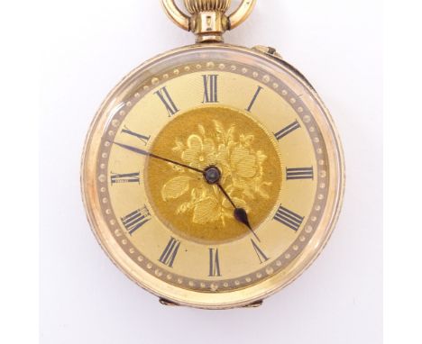 A Continental 14ct gold open-face top-wind fob watch, gilt floral engraved case and face with Roman numeral hour markers, gil