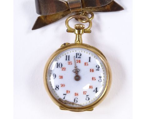 An unmarked yellow metal open-face top-wind lapel fob watch, white enamel dial with painted Arabic numerals and composition s