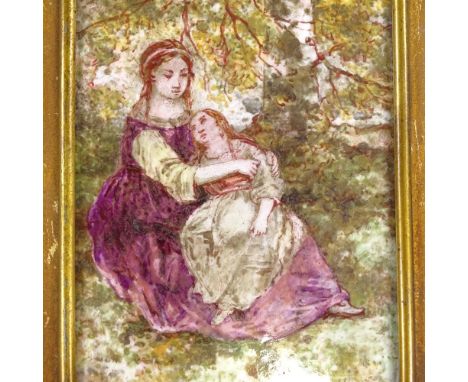 A 19th century painted porcelain plaque, mother and daughter in wooded scene, indistinctly signed, panel size 16cm x 10.5cm.&