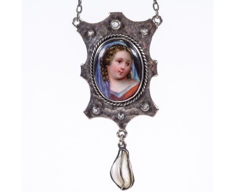 An early 20th century Arts and Crafts silver enamel and pearl pendant necklace, hand planished pendant set with split pearls,