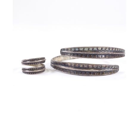 DAVID ANDERSEN - a Vintage Norwegian sterling silver Saga Collection torque bangle and ring, bangle internal diameter 66mm, r