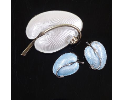 VOLMER BAHNER - a Vintage Danish stylised sterling silver and enamel matching brooch and pair of ear clips, maker's marks VB,