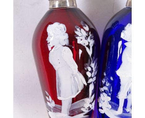 A pair of Mary Gregory Bristol blue and ruby glass perfume bottles, with painted studies of children, unmarked embossed white