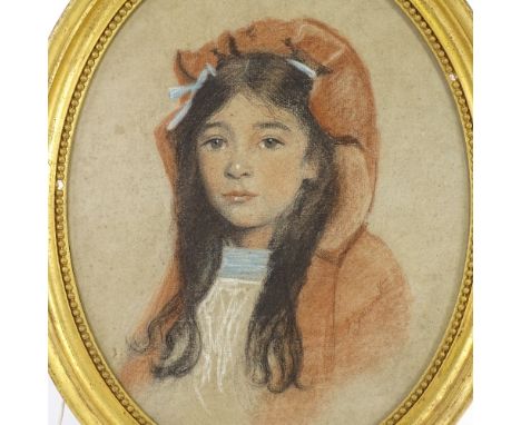 H Garnett, oval coloured pastels, girl in a red cloak, signed, 18" x 14", framedA few surface marks on the paper, no damage, 