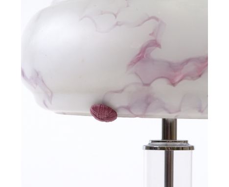 SCANDI-FRANCAIS LUMIERE ET GLASS - a unique English pink and white marbled glass table lamp, on clear plastic stem with chrom