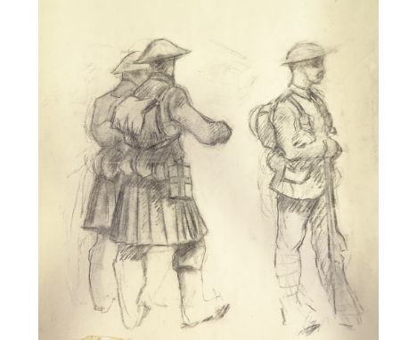 Early 20th century charcoal on paper, British First War Period soldiers, unsigned, sheet size 22" x 23", unframedTape marks a