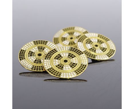 A pair of unmarked yellow metal and enamel target panel cufflinks, panel diameter 14mm, 6.8gBoth in good overall condition, n
