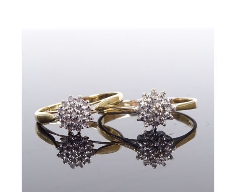 2 9ct gold diamond cluster dress rings, largest total diamond content approx 0.05ct, largest setting height 8.1mm, sizes M an