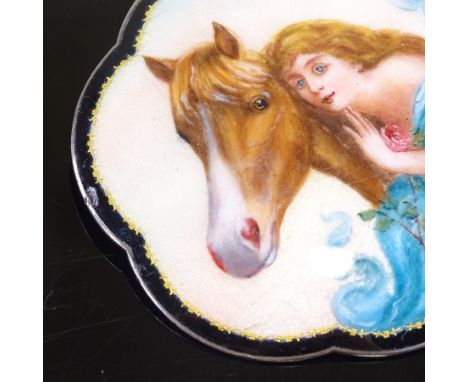 A Vintage Continental sterling silver and coloured enamel brooch, depicting female figure with horse, maker's marks GG, diame