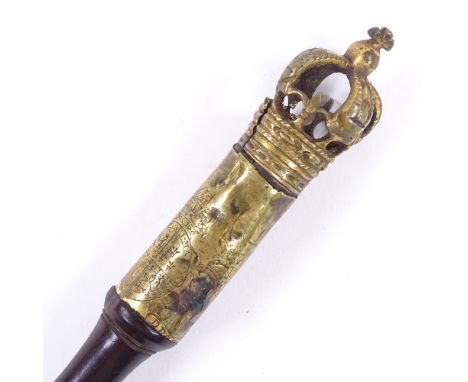 18th century gilt-brass topped tipstaff, engraved Royal coat of arms incorporating fleur de lys, with turned hardwood handle,