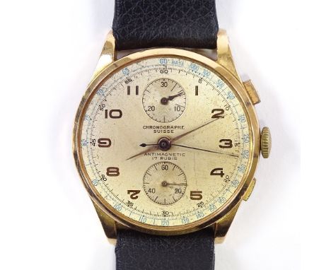 CHRONOGRAPHE SUISSE - a Vintage 18ct gold mechanical chronograph wristwatch, ref. 106, circa 1950s, cream dial with painted A