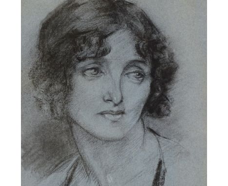 Early 20th century charcoal on blue paper, head portrait of a woman, indistinctly signed, 15.5" x 11.5", framedVery good cond