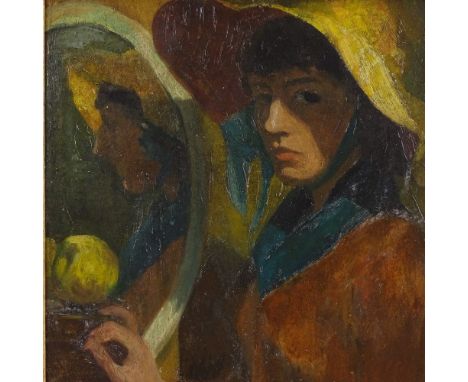 Oil on board, portrait of woman by a mirror, 19" x 15", framedSlightly dirty, no sign of overpainting, ornate frame also in g