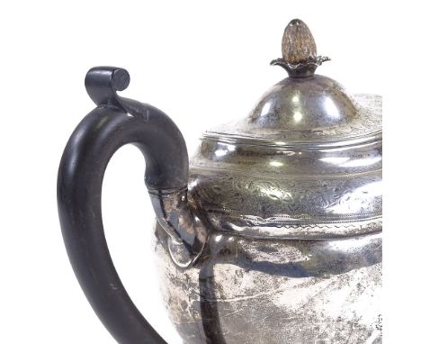 A George III Irish silver teapot, oval form with bright-cut engraved decoration, ebonised handle and carved ivory pineapple f