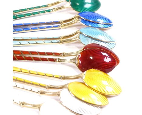 EGON LAURIDSEN - a Vintage set of 12 Danish vermeil sterling silver and harlequin enamel coffee spoons with enamelled bowl ba
