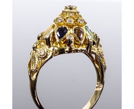 A 14ct gold gem set dress ring, gems include diamond, sapphire, ruby, emerald, tiger's eye, smoky quartz, white topaz etc, se