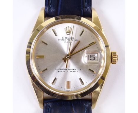 ROLEX - a 14ct gold Oyster Perpetual Date automatic wristwatch, ref. 1500, circa 1969, brushed silvered dial with applied gil