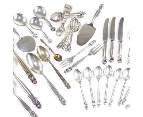 GEORG JENSEN - set of various Vintage Danish stylised sterling silver Kongens pattern cutlery, including teaspoons, salad ser