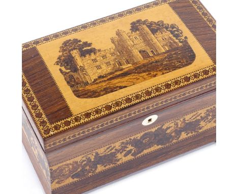 Tunbridge Ware, 19th century rosewood tea caddy, micro-mosaic lid depicting Battle Abbey, concave sides with floral frieze an