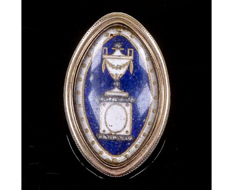 An early 19th century unmarked rose gold enamel and rose-cut diamond navette shaped memorial mourning pendant, gilded panel d