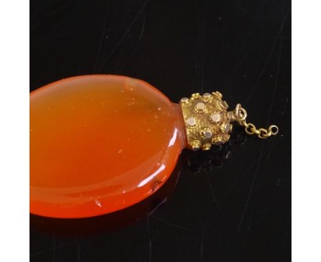 An 18th century miniature carnelian chatelaine scent flask, unmarked gold cap, overall height 33.4mm, 5.9gVery good overall c