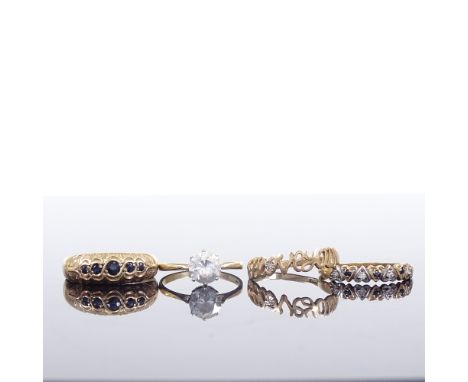 4 9ct gold stone set rings, stones include CZ and sapphire, sizes N, R, S and V, 8.4g total (4)All in good overall condition,