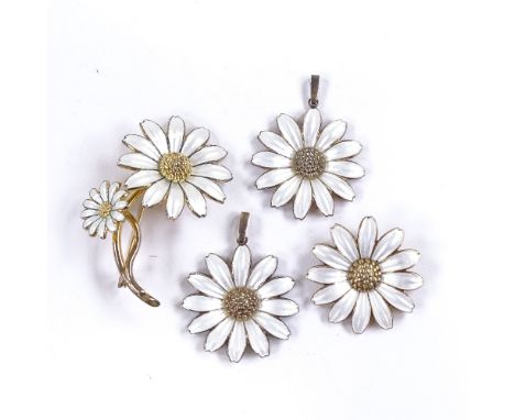 KARIN PEDERSEN FOR JEMAX - a set of Vintage Danish stylised vermeil sterling silver and white enamel daisy jewellery, compris