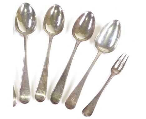 A group of 18th century silver cutlery, including fork hallmarked London 1774, set of 5 tablespoons hallmarked London 1784, a