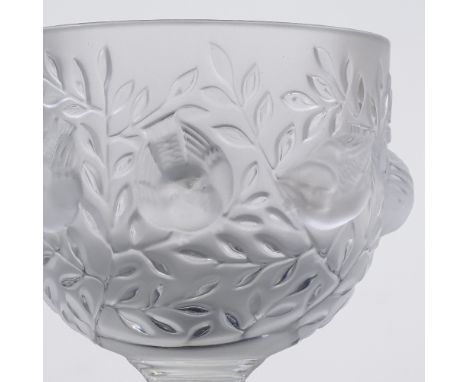 Lalique France, frosted glass bowl with relief moulded bird decoration, on clear glass base, height 14cm, diameter 12cmPerfec