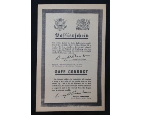 WW2 Canadian Safe Conduct Pass dropped on German lines in 1944/45 in Holland. Doubled sided print, size 108mm x 167mm.