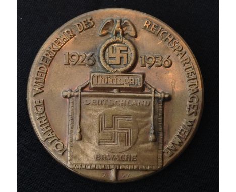 WW2 Third Reich rally badge, 10 Jahrige Wiederkehr des Reichsparteitages Weimar 1926-1936. Maker marked.