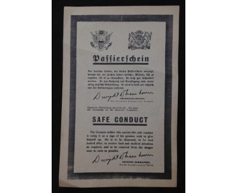 WW2 Canadian Safe Conduct Pass dropped on German lines in 1944/45 in Holland. Doubled sided print, size 108mm x 167mm.