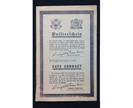 WW2 Canadian Safe Conduct Pass dropped on German lines in 1944/45 in Holland. Doubled sided print, size 108mm x 167mm.