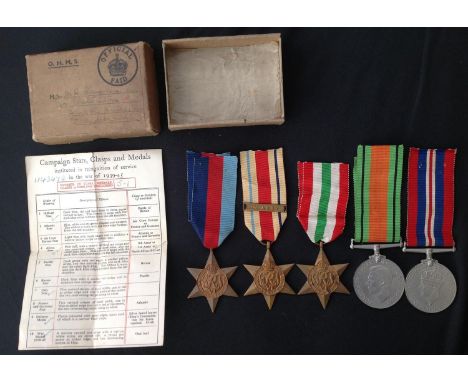 WW2 British Medal Group comprising of 1939-45 Star, Africa Star with 1st Army Clasp, Italy Star, Defence Medal and War Medal 