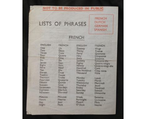 WW2 British RAF Escape &amp; Evasion Phrase translation leaflet in French, Dutch, German and Spanish.