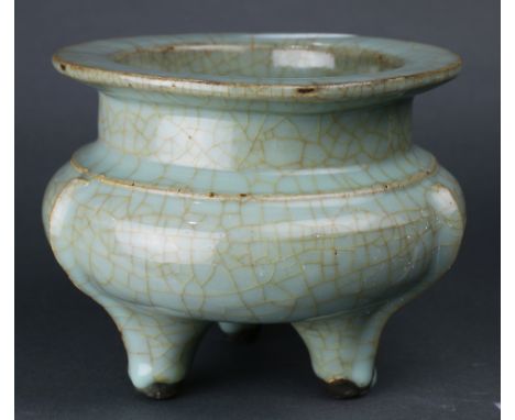 Chinese Longquan Guan-Type Tripod Censer, Of compressed globular form with a straight neck and a broad everted rim, supported