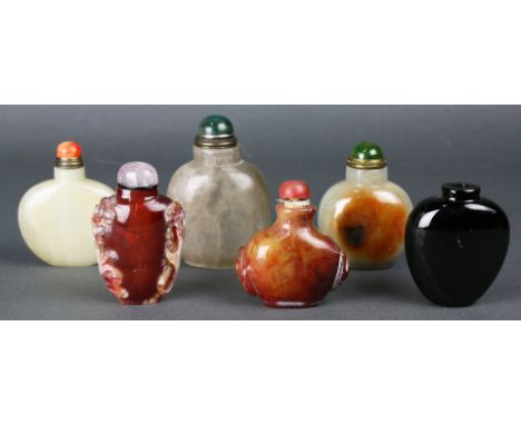 (Lot of 6 ) A group of six Chinese Hardstone snuff bottles, in consisting with a pale white jade snuff bottle; a bottle with 