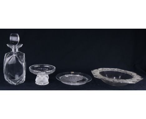 (lot of 4) Lalique art glass group, consisting of a footed compote, the standard decorated with sparrows, a shell dish dated 