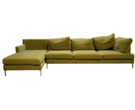 A Modernist Della Robbia olive green sectional sofa, the two part sofa rising on brushed aluminum legs, overall 30"h x 129"w 