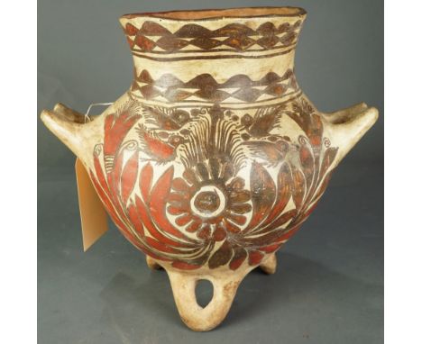 Moquegua or Chirbaya polychrome decorated olla, AD200-1000, the storage jar having geometric banding above double handles fla