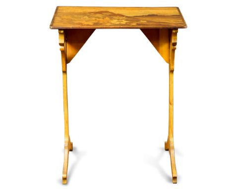 An Emile Galle marquetry decorated occasional table, the rectangular top displaying a naturalistic scene of thistles beside a