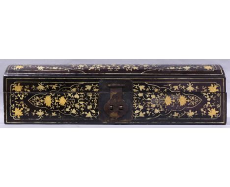 A Chinese lacquered document box, of rectangular shape and contains a removable tray, overall applied with gilt floral scroll