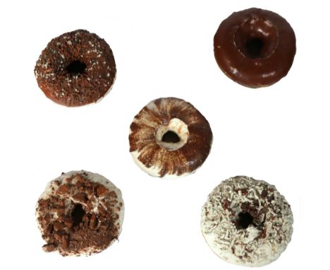 (lot of 5) David Gilhooly (American, 1943-2013), Donuts, ceramic sculptures, each signed beneath, largest: 1.25"h x 3.25"w x 
