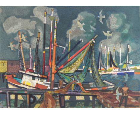 (lot of 2) Millard Sheets (American, 1907-1989), Harbor Scene, silkscreen, edition 55/250, and "New Arrivals," lithograph in 