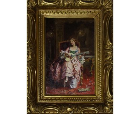 Jean Paul Sinibaldi (French, 1857-1909), Untitled (Seated Lady Playing a Lute), oil on canvas, signed lower right, canvas: 10