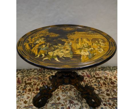 English Regency lacquered tilt top table, first quarter 19th century, the circular top centered with a chinoiserie scene, hav